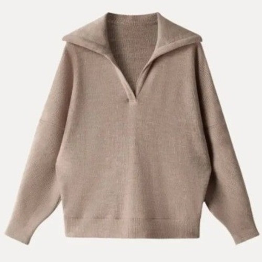 OGL Move Oatmeal Ribbed Knit Wool Blend V-Neck Sweater Collar Drop Shoulder S